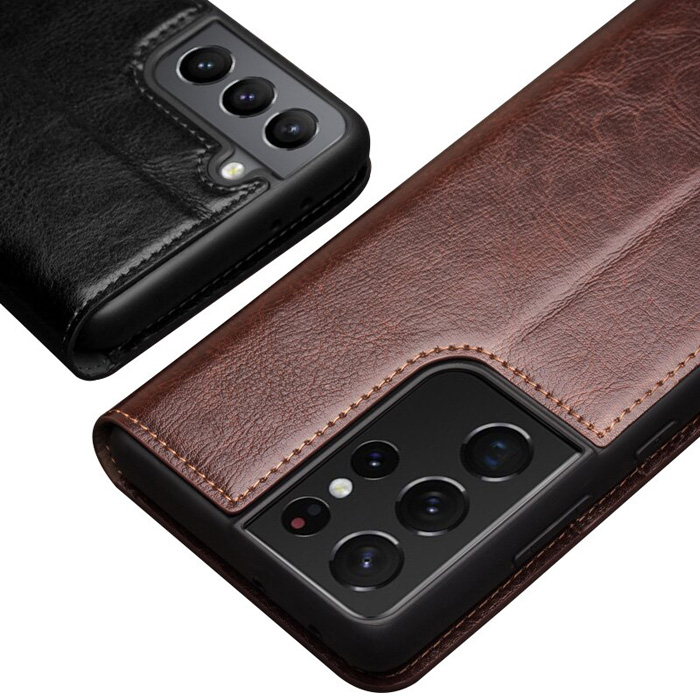 Bao da Samsung S21 Ultra 5G Qialino Classic Leather Wallet da thật Hanmade