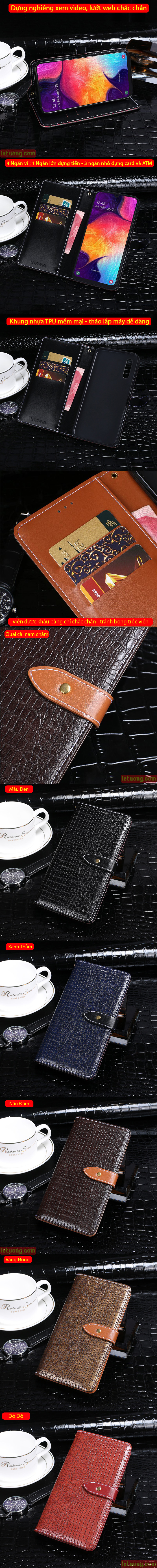 Bao da Galaxy A30s Idewei Flip Wallet Crocodile vân cá sấu - dạng ví đa năng 4