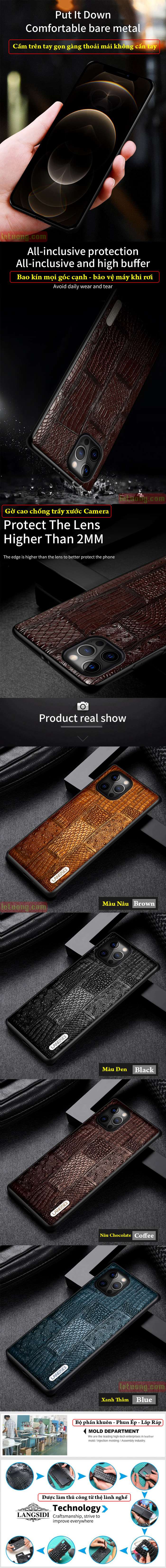 Ốp lưng iPhone 13 Pro Langsidi Leather Retro da bò dập vân cá sấu 6