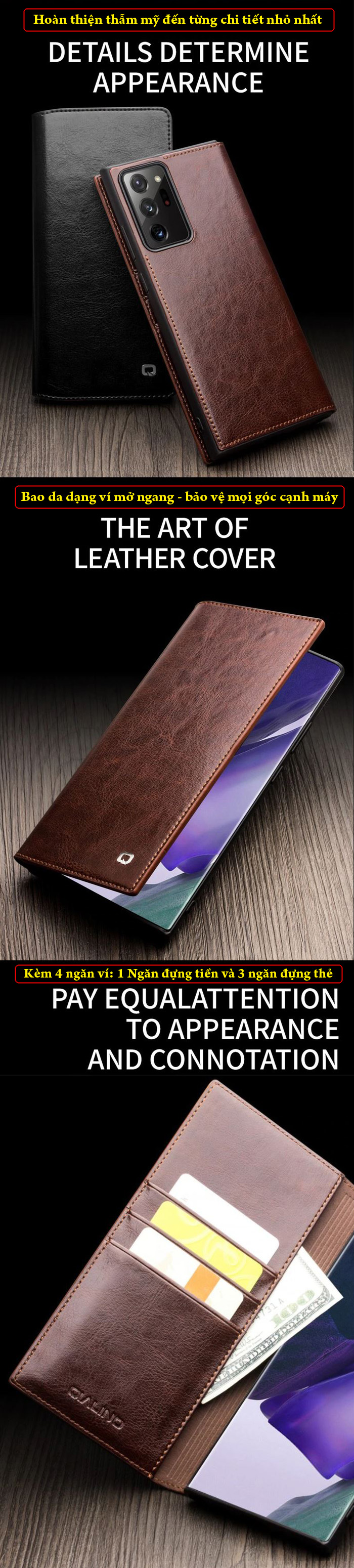 Bao da Note 20 Ultra / Note 20 Ultra 5G Qialino Classic Leather Wallet da thật Hanmade 6