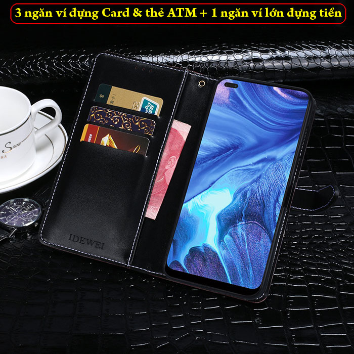 Bao da Oppo Reno4 iDewei Flip Wallet Crocodile vân cá sấu 2