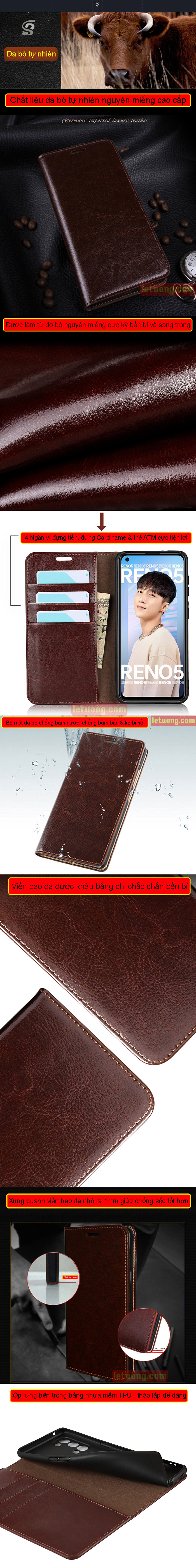 Bao da Oppo Reno5, Reno 5 5G LT Wallet Handmade da bò 7