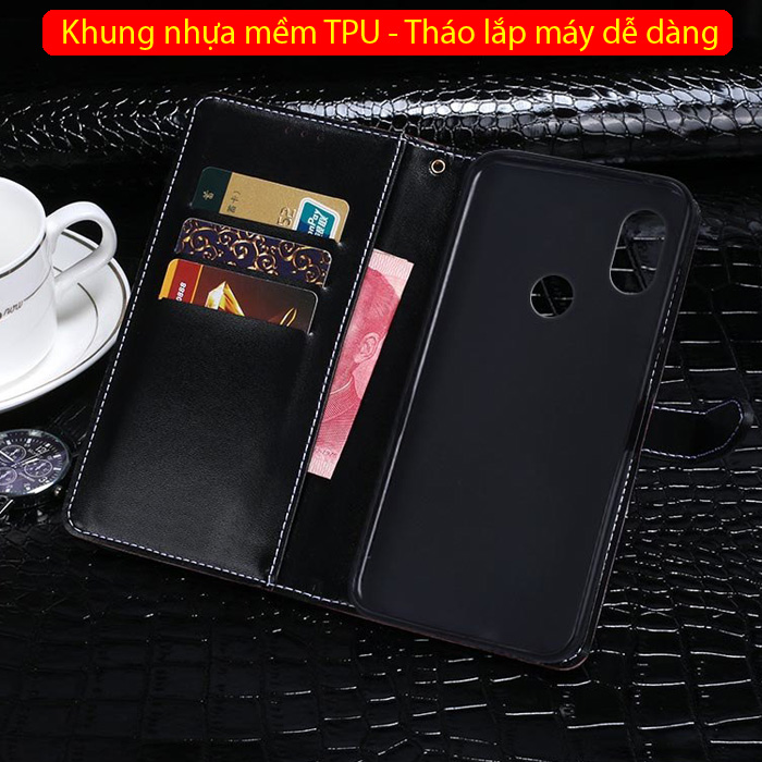 Bao da Redmi Note 7 Pro Idewei Flip Wallet Crocodile vân cá sấu 3