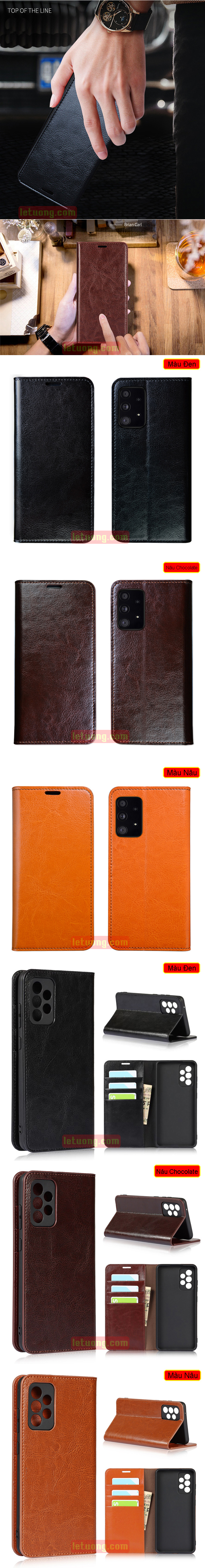 Bao da Samsung Galaxy A72, A72 5G LT Wallet Hanmade da bò nguyên miếng 4