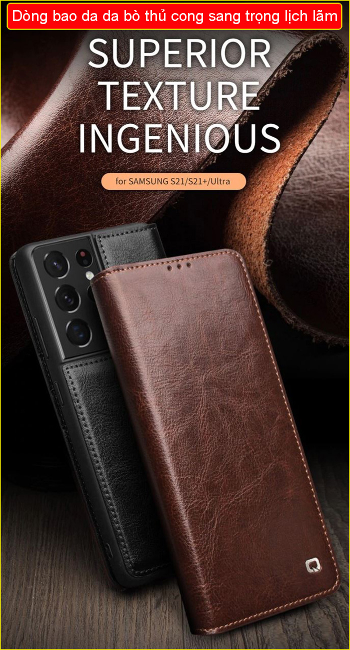 Bao da Samsung S21 Ultra 5G Qialino Classic Leather Wallet da thật Hanmade 1