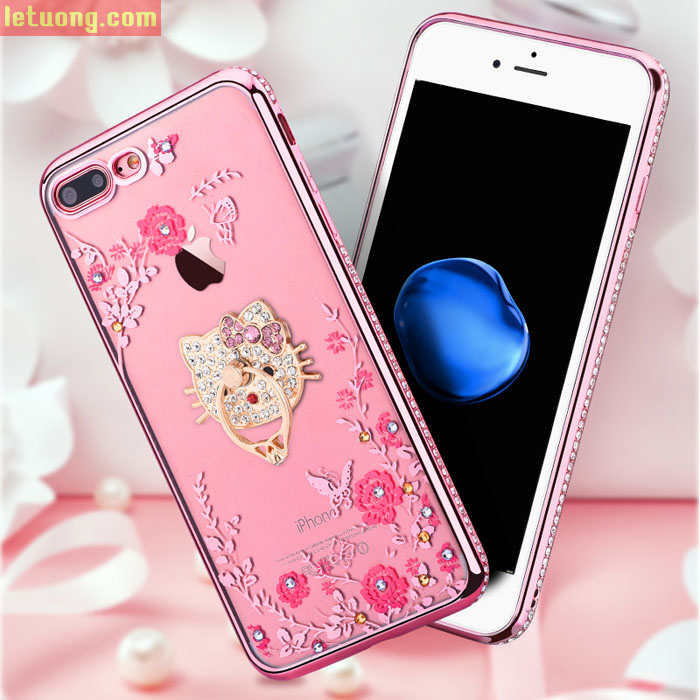 Combo ốp lưng Iphone 7 Plus LT TPU đính đá + móc treo + kính cường lực 3