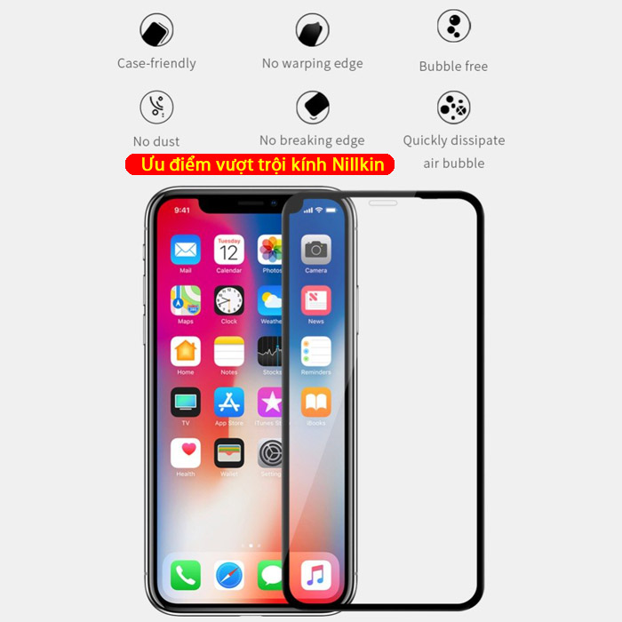 Kính cường lực iPhone Xs Max Nillkin 3D XD+ full màn dùng được ốp lưng 3