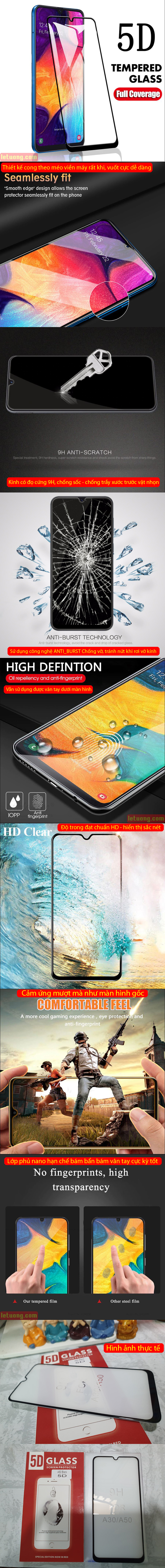 Kính cường lực Galaxy A50 Glass Full Cover 5D Cong theo màn hình 5