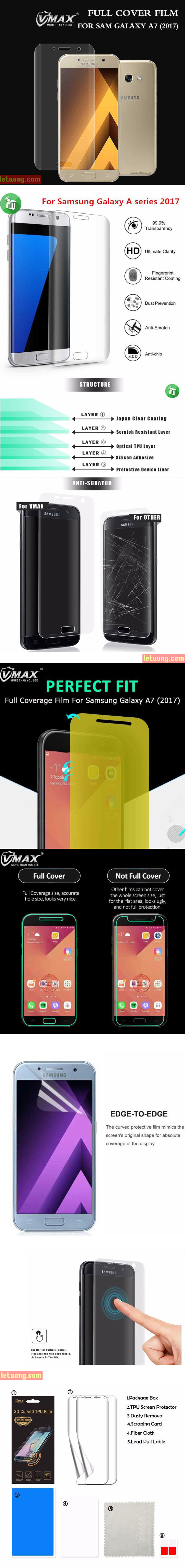 Miếng dán full màn hình Galaxy A7 2017 Vmax 3D Curved TPU 3