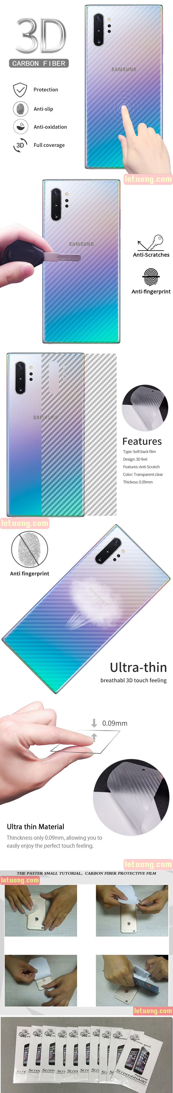 Miếng dán mặt lưng Galaxy Note 10 Plus vân carbon trong suốt - chống vân tay 1