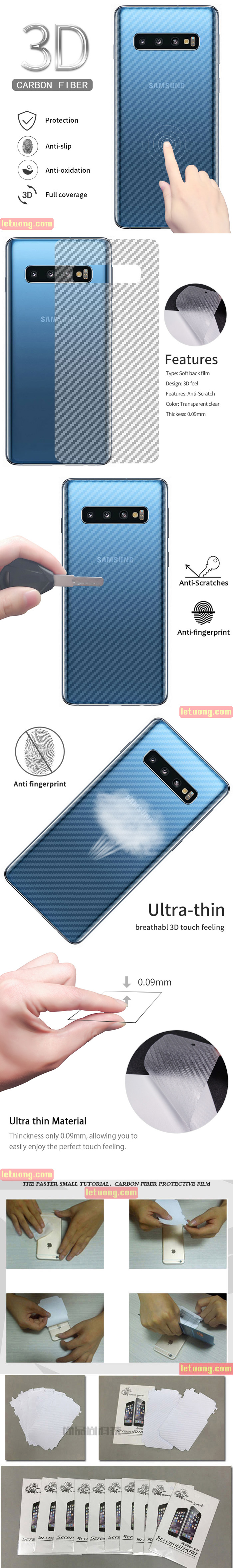 Miếng dán mặt lưng Galaxy S10 vân carbon trong suốt - chống vân tay 1