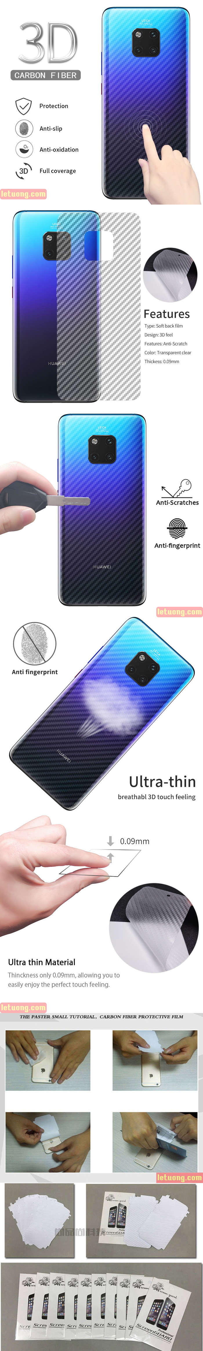 Miếng dán mặt lưng Huawei Mate 20 Pro vân Carbon 3D trong suốt - chống vân tay 1