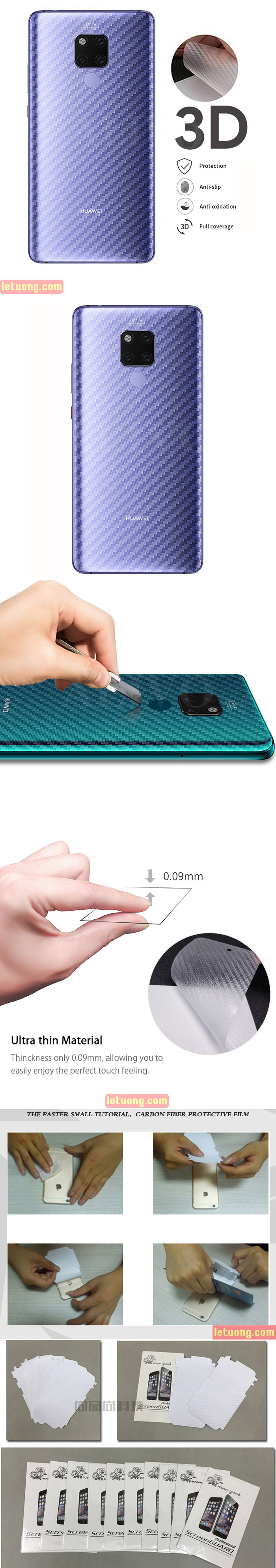 Miếng dán mặt lưng Huawei Mate 20 vân Carbon 3D - chống vân tay 1