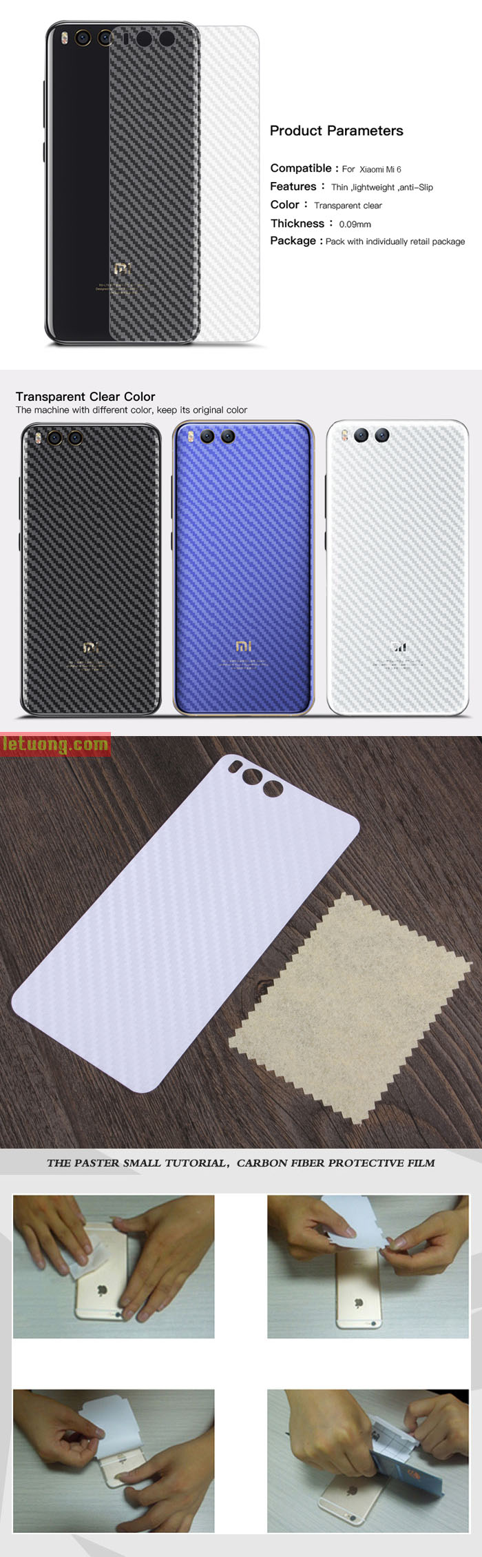 Miếng dán full mặt lưng Xiaomi Mi 6 vân carbon trong suốt 1