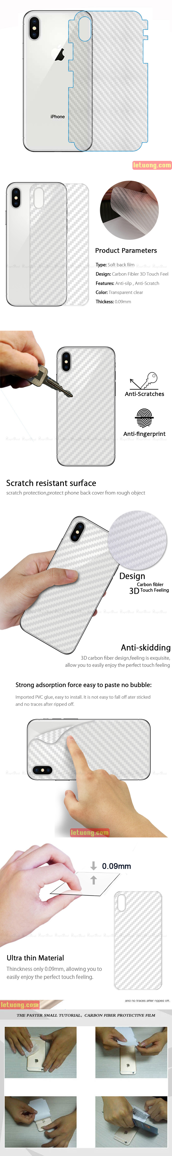 Miếng dán mặt lưng Iphone X vân Carbon trong suốt - chống vân tay 2