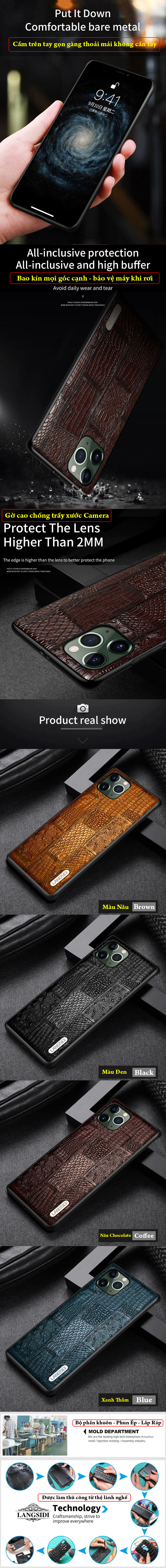 Ốp lưng iPhone 11 Pro Max Langsidi Leather Retro da thật vân cá sấu 3