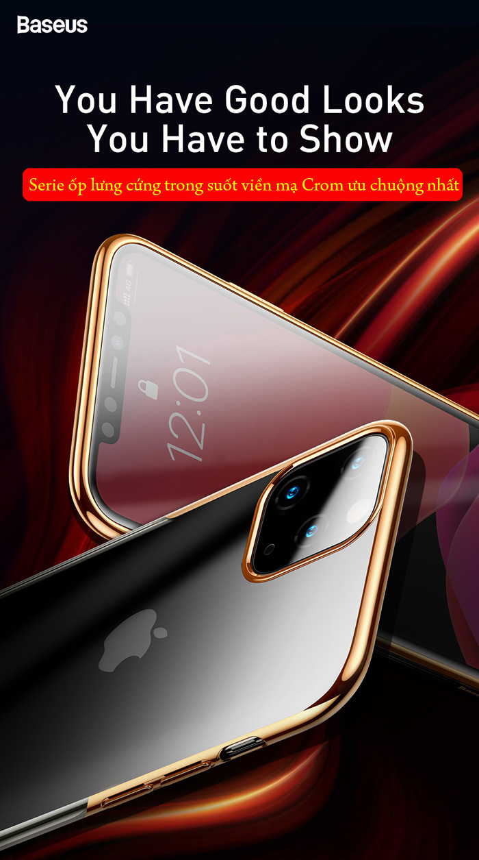 Ốp lưng iPhone 11 Pro Max Baseus Glitter trong suốt + viền mạ Crom 2