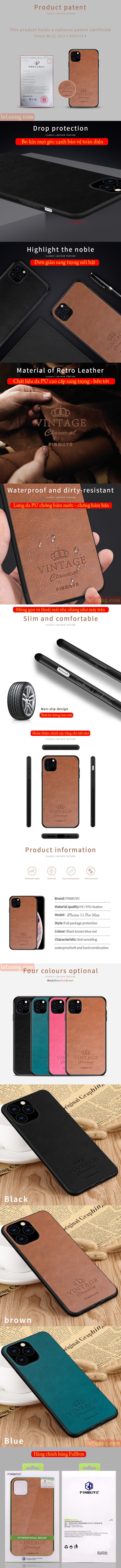     Ốp lưng iPhone 11 Pro Max Pinwuyo Honorable Series vân da, sang trọng. * Pinwuyo thương hiệu từ Hongkong chuyên sản xuất các mẫu ốp lưng nhựa cứng vân da sang trọng, đẹp mắt *     THIẾT KẾ ĐỘC ĐÁO - SANG TRỌNG   Thiết kế kết hợp hoàn hảo giữa 3 lớp với công nghệ ép nhiệt tiên tiến tạo nên 1 ốp lưng rất thẩm mỹ và đẹp mắt.    - Mặt lưng được chia thành 2 lớp, lớp trên cùng bằng da PU với họa tiết bụi bặm, trong rất cổ điển sang trọng với họa tiết được khắc 3D Logo hãng và từ Vintage    - Phía dưới lớp da là lớp nhựa cứng PC rất chắc chắn, được ép nhiệt lớp da đè lên rất chắc và thẩm mỹ.    - Phần viền bằng nhựa TPU, giúp thao tác lắp máy dễ dàng cũng như bảo vệ máy tốt hơn rất nhiều so với nhựa cứng  Ốp lưng iPhone 11 Pro Max Pinwuyo Honorable Series lưng da PU 1     KIỂU DÁNG MỎNG GỌN - CẦM NẮM THOẢI MÁI   Tuy với thiết kế 3 lớp nhưng ốp lưng iPhone 11 Pro Max Pinwuyo khá mỏng gọn, độ mỏng chỉ ~0,9mm mang đến trải nghiệm cầm nắm.   Hơn nữa 2 phần sườn ốp còn được làm sần tránh được trơn tuột khi cầm máy sử dụng  Ốp lưng iPhone 11 Pro Max Pinwuyo Honorable Series lưng da PU 2     KHẢ NĂNG BẢO VỆ MÁY TỐT   Như đã nói phía trên, ốp lưng iPhone 11 Pro Max Pinwuyo cấu tạo 3 lớp, sẽ bảo vệ máy tốt hơn rất nhiều:    Phần lưng máy được bảo vệ bởi 2 lớp PC + PU bảo vệ tốt nhất cho phần lưng kể cả và chạm hay rơi rớt ( lớp PC có độ cứng chắc chắn, lớp PU có độ đàn hồi tốt )    Phần viền bo kín toàn bộ phần viền máy, bảo vệ viền máy khỏi xước sát hay bóp méo khi rơi máy.    Mặt trước và mặt sau nhô cao hơn màn hình và Camera tránh xước sát khi để úp hay ngửa máy.  Ốp lưng iPhone 11 Pro Max Pinwuyo Honorable Series lưng da PU 3     HOÀN THIỆN CHÍNH XÁC VÀ THẨM MỸ   Hãng Pinwuyo rất chăm chút đến các sản phẩm của mình, các chi tiết được cắt chính xác đạt độ thẩm mỹ cao   Phần phím bấm thì được làm nhô ra 1 chút, bấm dễ dàng nhạy và nhẹ   Ốp lưng iPhone 11 Pro Max Pinwuyo Honorable Series lưng da PU 4     Hàng chính hãng Pinwuyo Hongkong  Có 5 màu: Màu Đen, Xanh Thẫm, Nâu, Đỏ Đô, Xám     Chú ý:  1 - Được đổi trả trong vòng 7 ngày nếu bạn sử dụng không hài lòng ( còn hộp )  2 - Được đổi trả trong vòng 1 năm nếu sản phẩm còn mới, nguyên hộp chưa sử dụng.     - Gọi ngay 0944855345 để được giao hàng miễn phí nội thành Hà Nội - Để được giao hàng thu tiền tại nhà toàn quốc kích vào nút  ĐẶT HÀNG điền đầy đủ thông tin Lê Tưởng sẽ liên hệ lại bạn sớm nhất.     Hình ảnh ốp lưng iPhone 11 Pro Max Pinwuyo Honorable Series vân da, sang trọng. Ốp lưng iPhone 11 Pro Max Pinwuyo Honorable Series lưng da PU 6